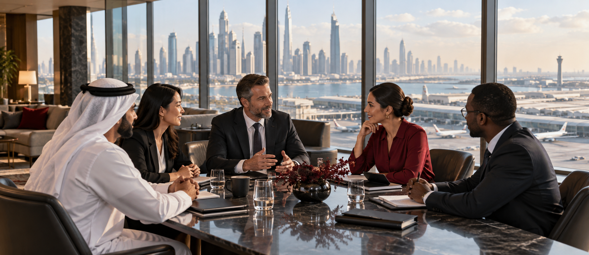 International business professionals meeting in a modern office